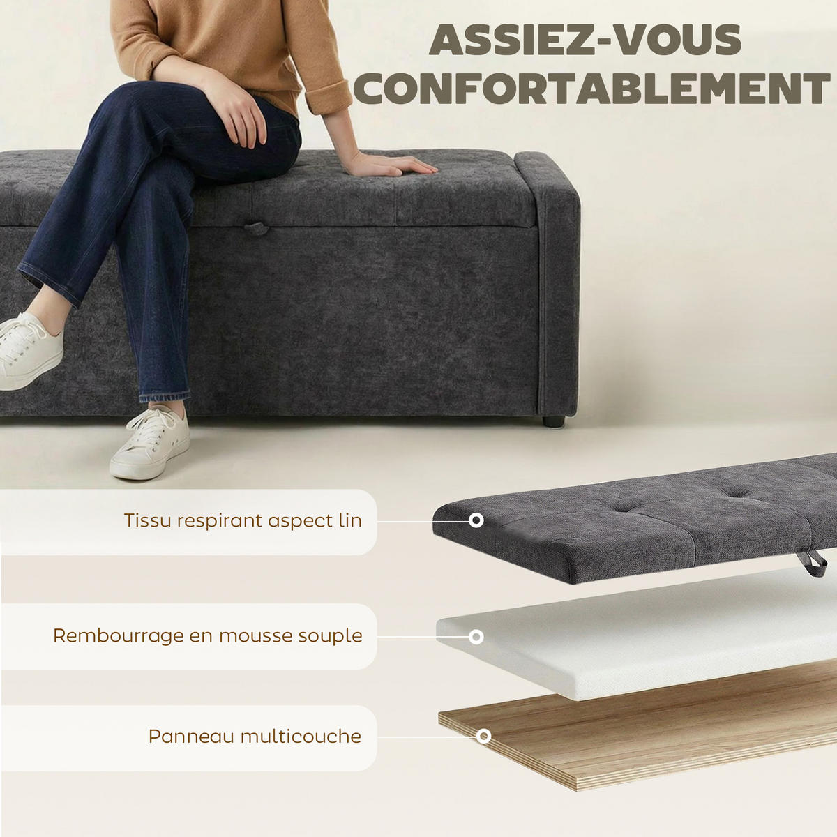 TRUHENBANK DE-16454 breit gepolstert mit Stauraum Dunkelgrau - Dunkelgrau, Textil (122/44/48cm) - ComfortXL