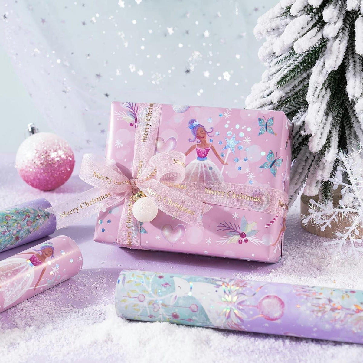 GESCHENKPAPIER 3 Rollen 43,2 cm x 3 m Weihnachtsdesign mit Metallic-Folie - Lila, Papier (4/44/10cm)