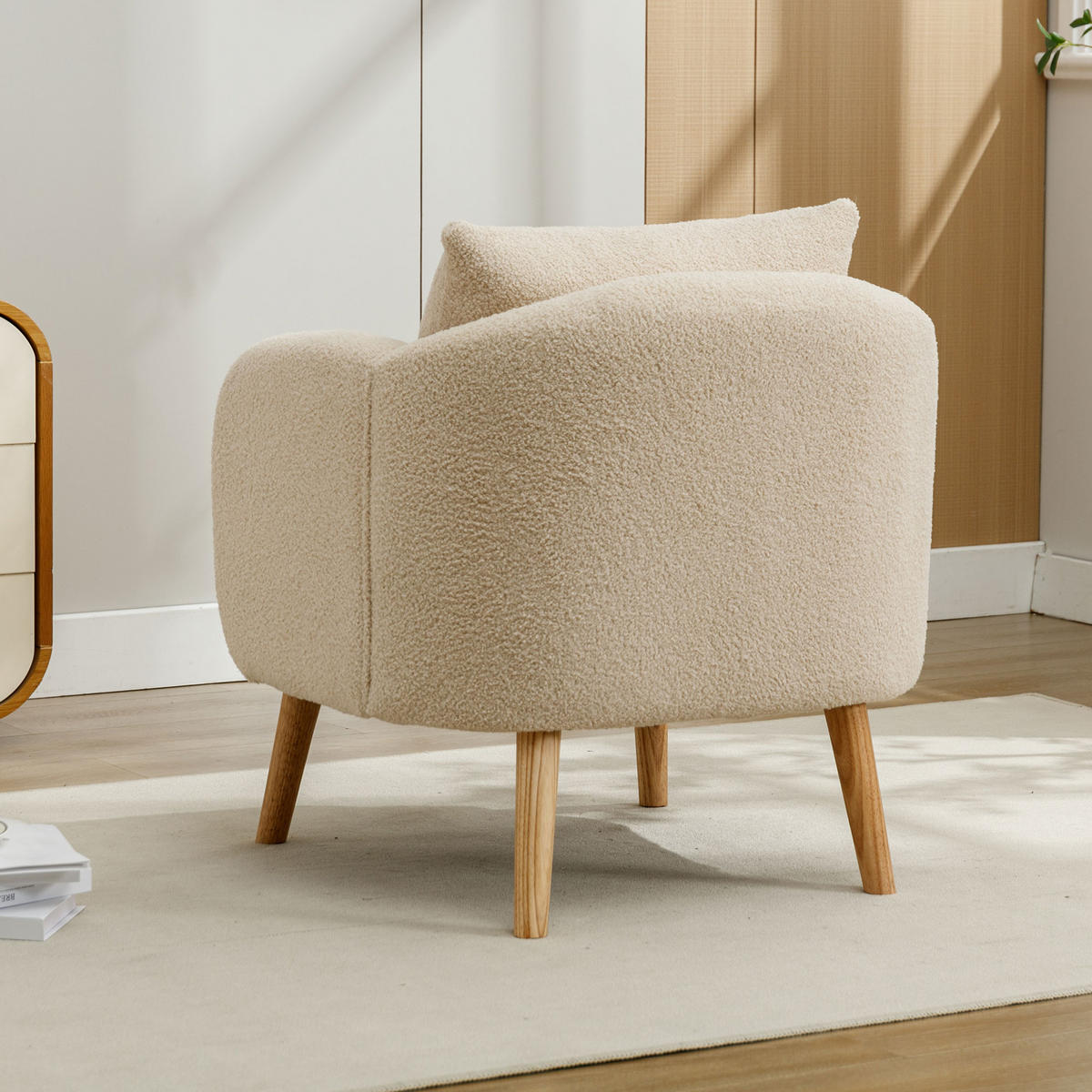 SESSEL Teddy Samt gepolstert mit Kissen extra dick Holzbein Beige - Beige, Holz (72/79/71cm) - FLIEKS