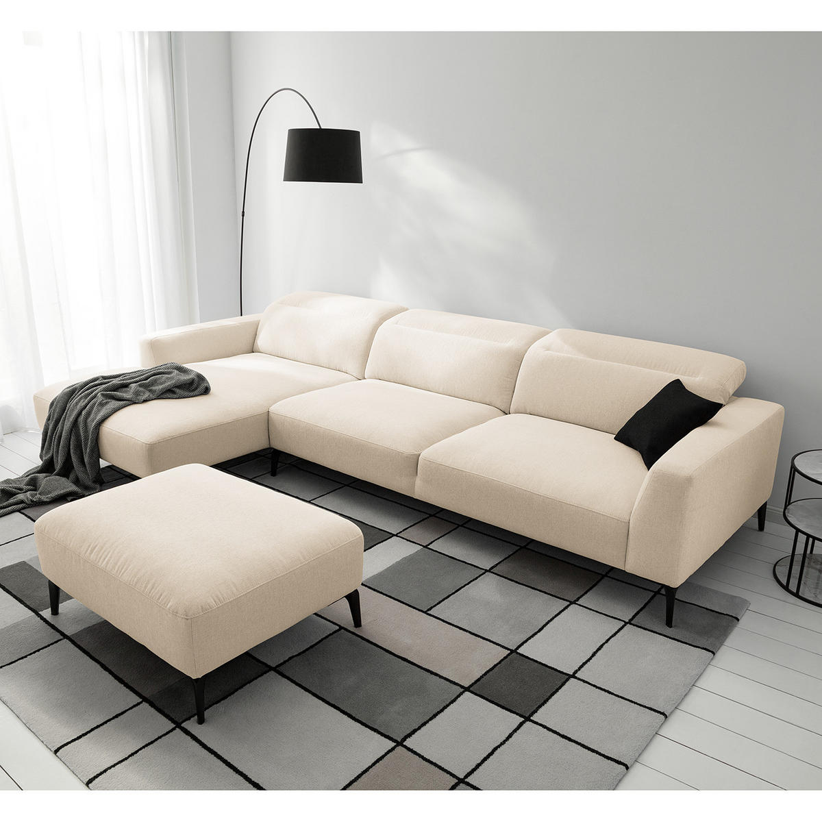 ECKSOFA mit Longchair - Beige/Schwarz, Textil/Metall (328/180cm) - home24