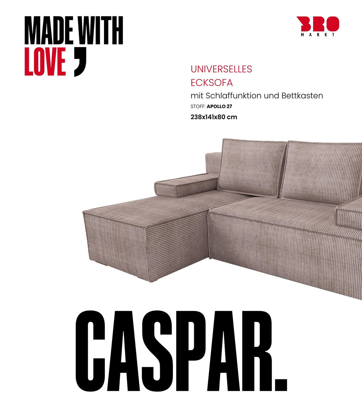 ECKSOFA Caspar mit Schlaffunktion Puderrosa Cord - Rosa, Textil (200/141cm) - Bromarkt