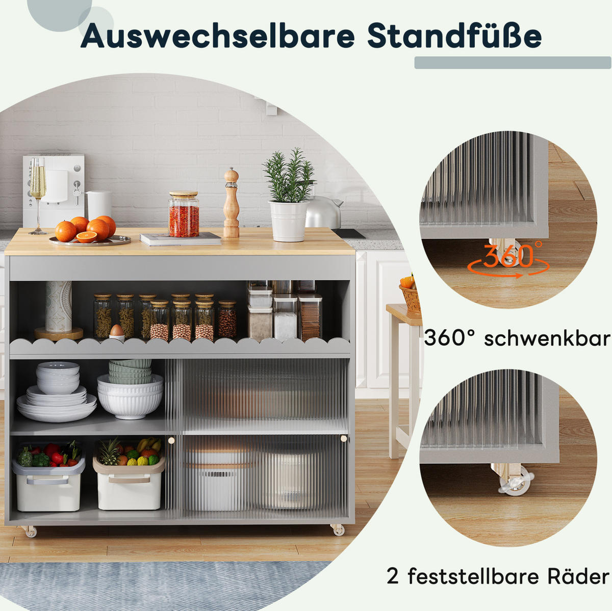 KÜCHENINSELWAGEN klappbar 122 x 46(69) x 91 cm Grau - Grau, Holz (46/91/122cm) - Beauniv