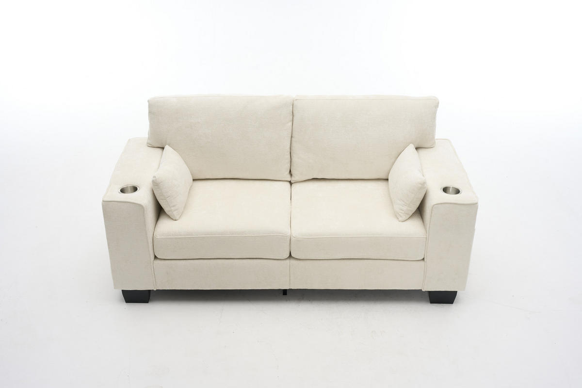 2-SITZER-SOFA 182 cm Chenille mit Getränkehaltern, DE-42913, Beige - Beige, Holz (182/96/79cm) - ComfortXL