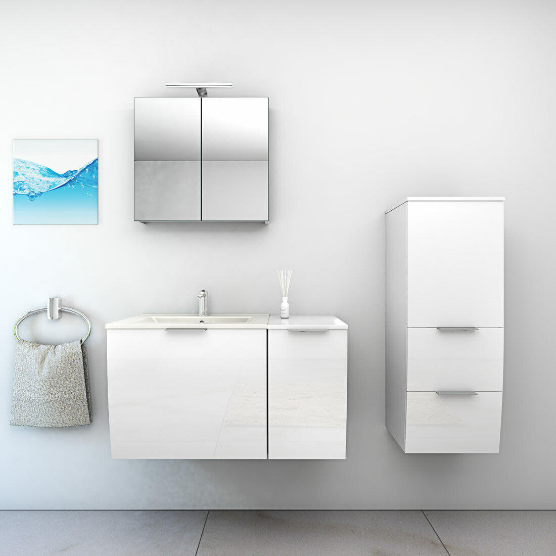 BADMÖBEL Set Gently 1 V2 R Weiß MDF Waschtisch 90cm ohne LED Beleuchtung - Weiß, Glas/Kunststoff (46/52/90cm) - AcquaVapore by Sandra Jentho