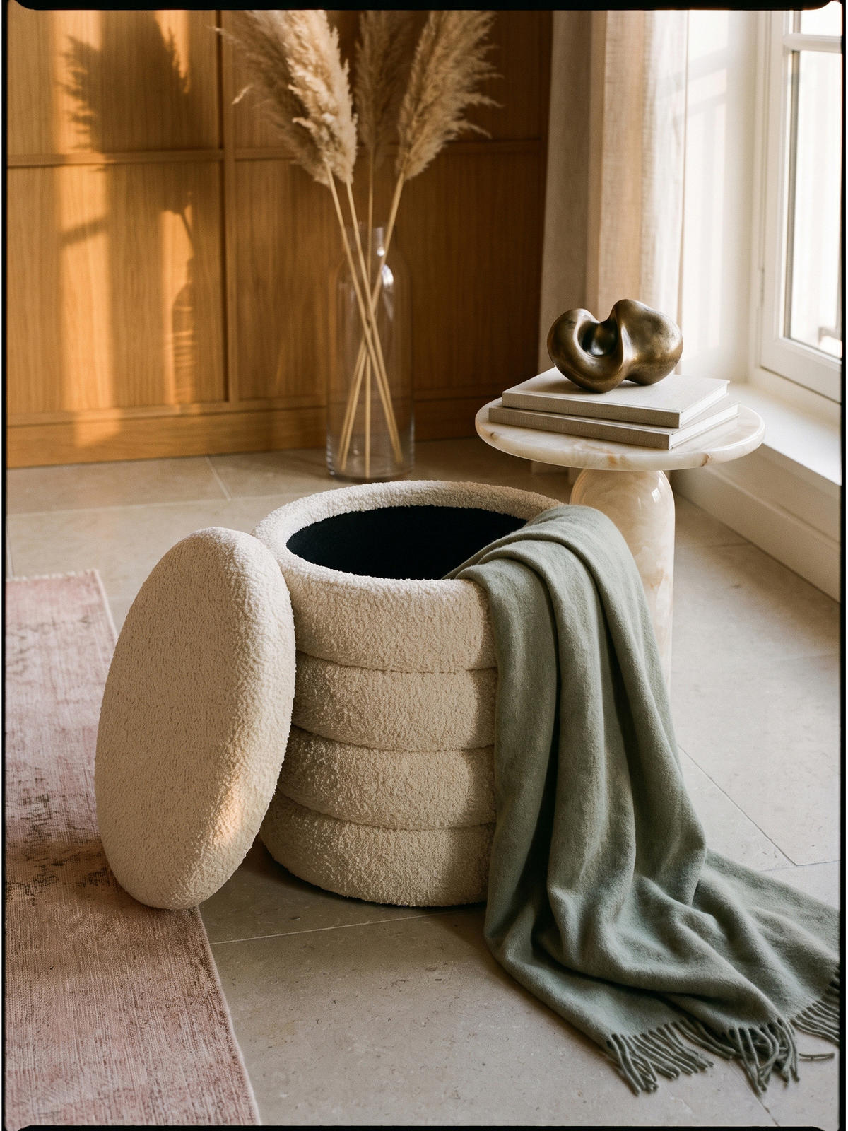 SITZHOCKER RHONE, Teddystoff, mit Textilbezug, Creme, Ø 40 x 45 cm - Beige/Creme, Textil (40/45/40cm) - KADIMA DESIGN