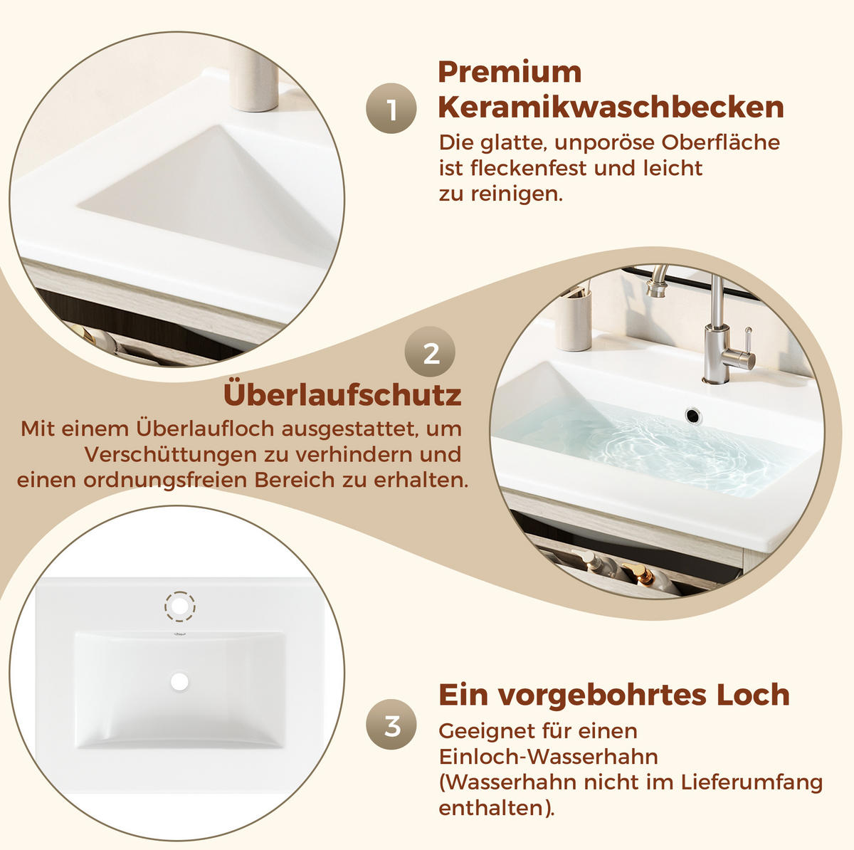WASCHTISCHKOMMODE aus Keramik und MDF 61x47x87 cm Naturholzoptik mit Klappschublade und Rattan-Türen - Eichefarben, Keramik (61/87/47cm) - Modfu
