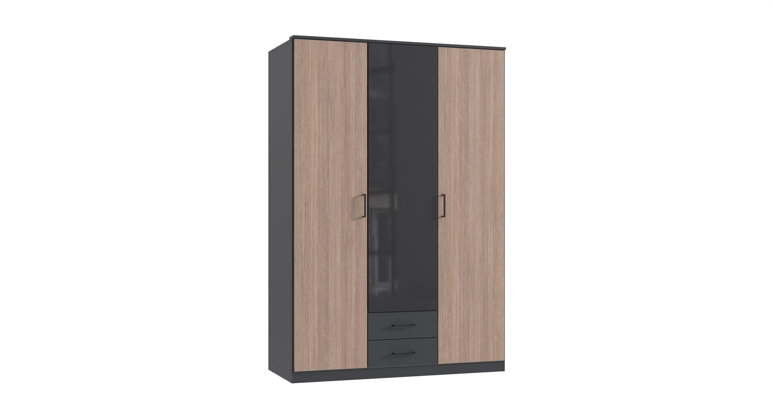 KLEIDERSCHRANK Fulda in Grafit und Multiplex 135x199x58 cm (BxHxT) – Drehtürenschrank 3 türig mit Glasfront - Braun/Grau, Holzwerkstoff (120/200/80cm)