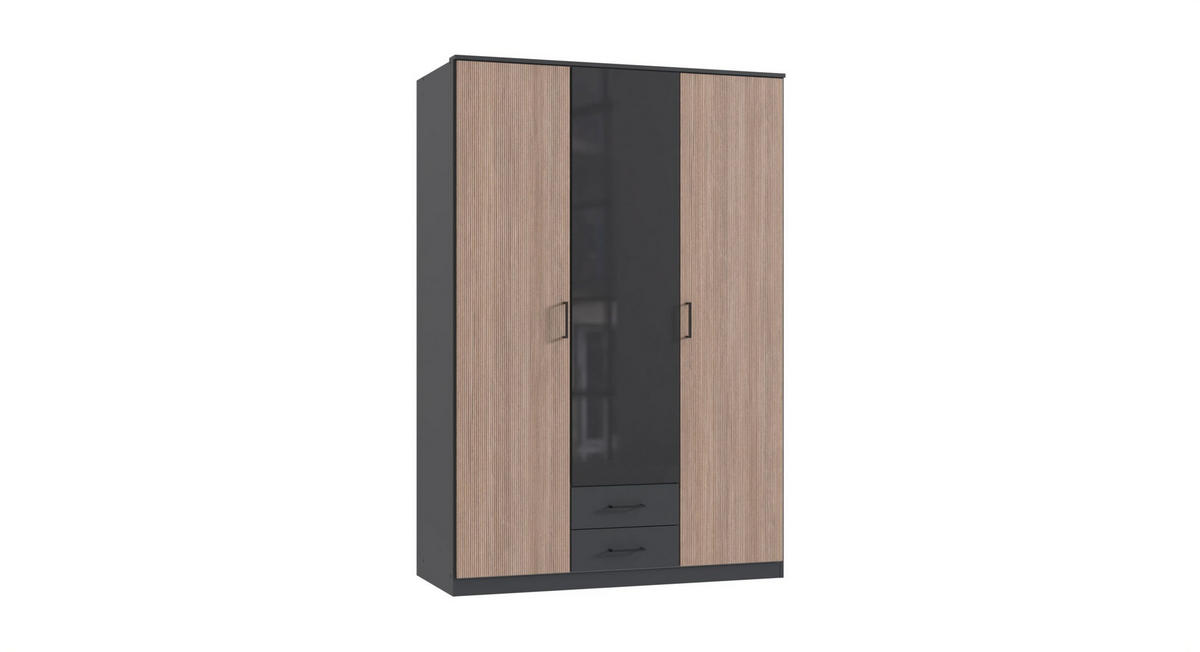 KLEIDERSCHRANK Fulda in Grafit und Multiplex 135x199x58 cm (BxHxT) – Drehtürenschrank 3 türig mit Glasfront - Braun/Grau, Holzwerkstoff (120/200/80cm)