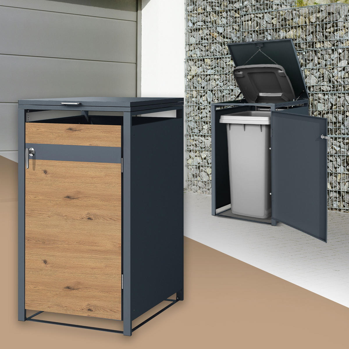 MÜLLTONNENBOX 1er Anthrazit-Eichenoptik - Braun, Metall (80/116.3/68cm) - ML-DESIGN