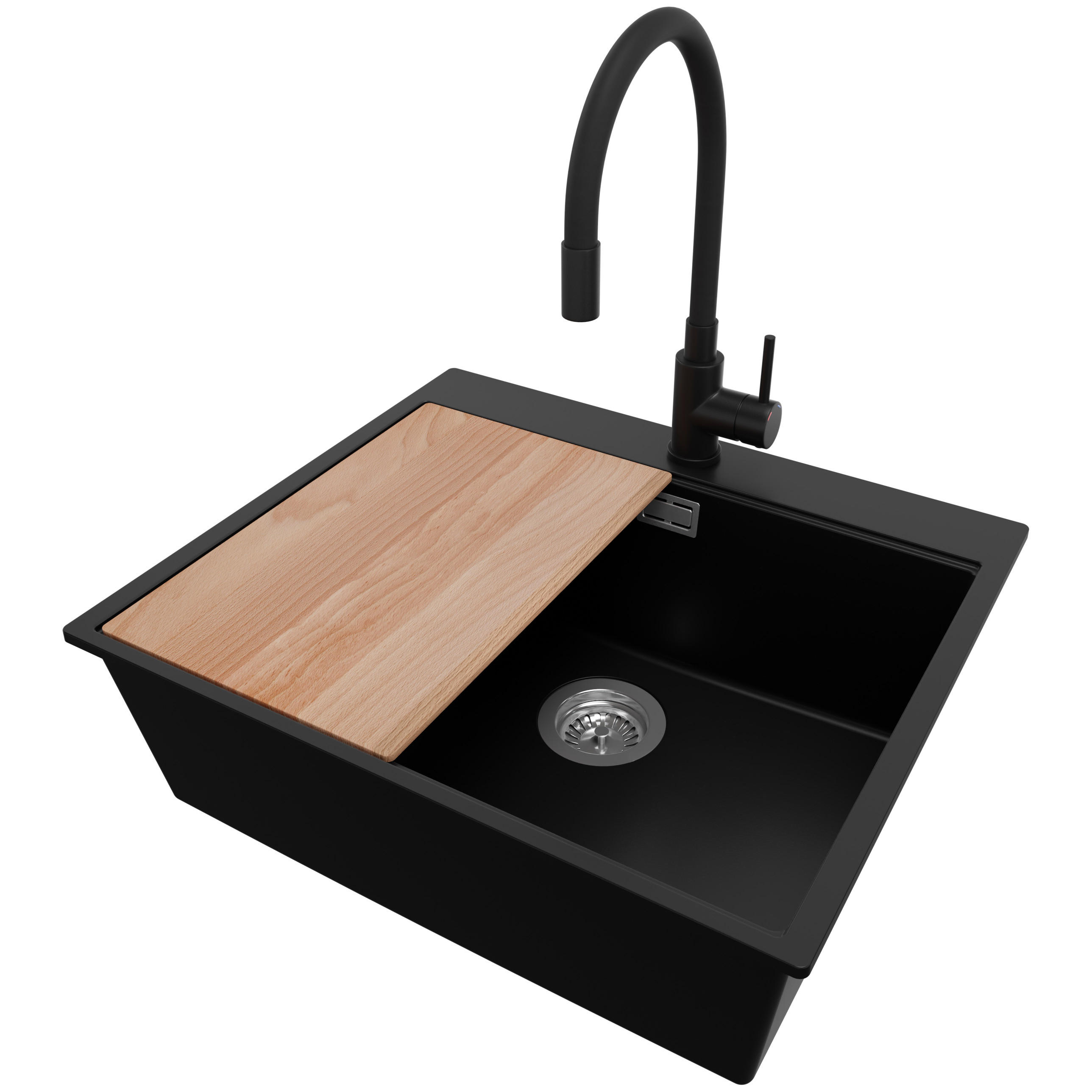 GRANITSPÜLE Oslo, 2-er set Schwarz 58/50 cm 1 Becken + Küchenarmatur 40/38 cm + Ablauf-Set + Schneidebrett ab 60er Unterschrank - Chromfarben/Beige, Kunststoff (58/20/50cm) - Primagran