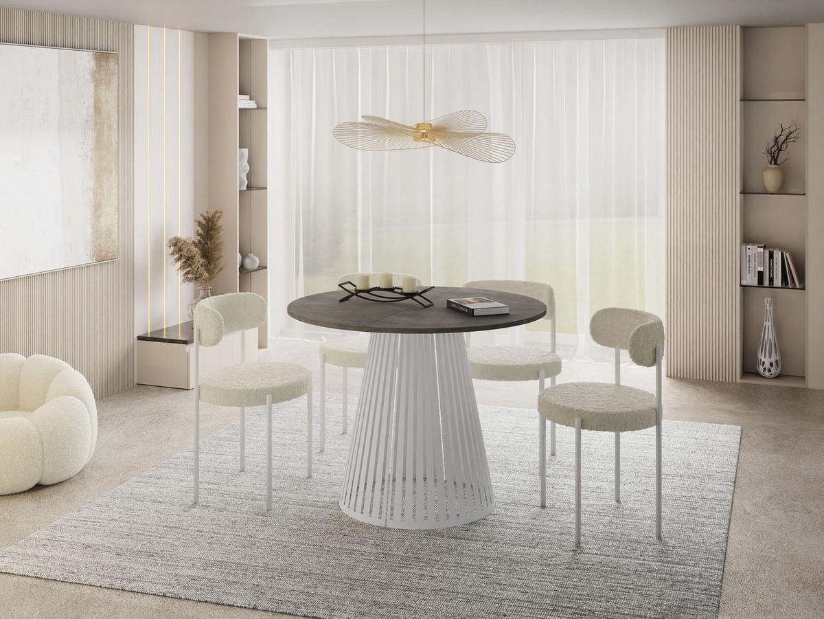 ESSTISCH Naro rund ausziehbar mit Weißem Lamellen-Metallgestell, Beton-Optik Dunkelgrau 100-180/100/76 cm - Dunkelgrau/Weiß, Holzwerkstoff/Metall (100/100/76cm) - WFL GROUP