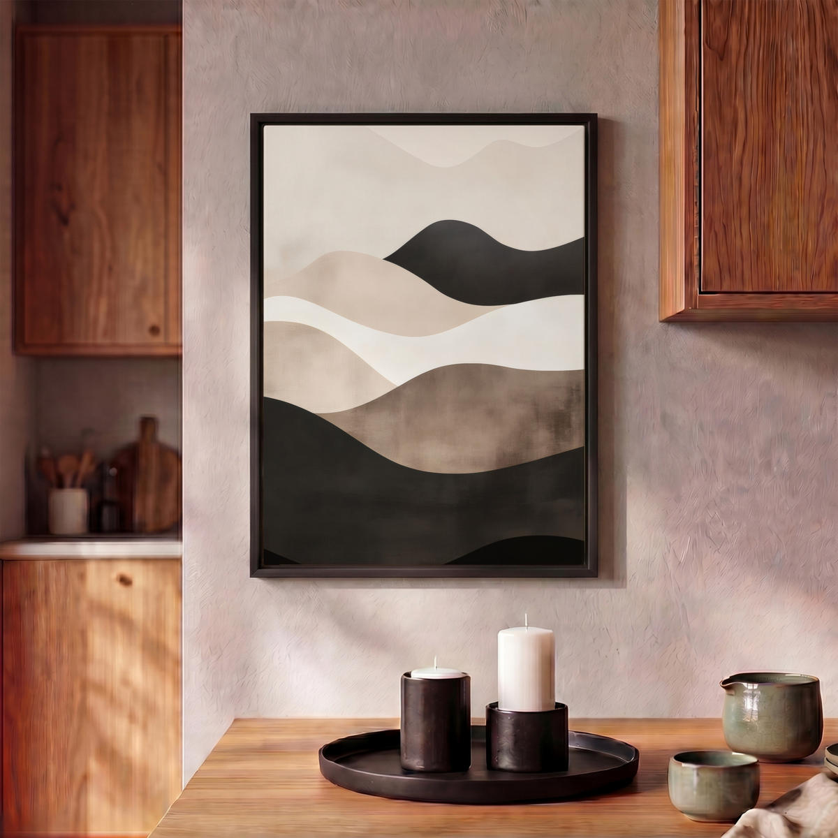 LEINWAND Bilder mit Rahmen - Abstrakt - Landschaft - Wellen - Cremefarben - 30x40 - Cappuccino, Textil (30/40cm) - MuchoWow