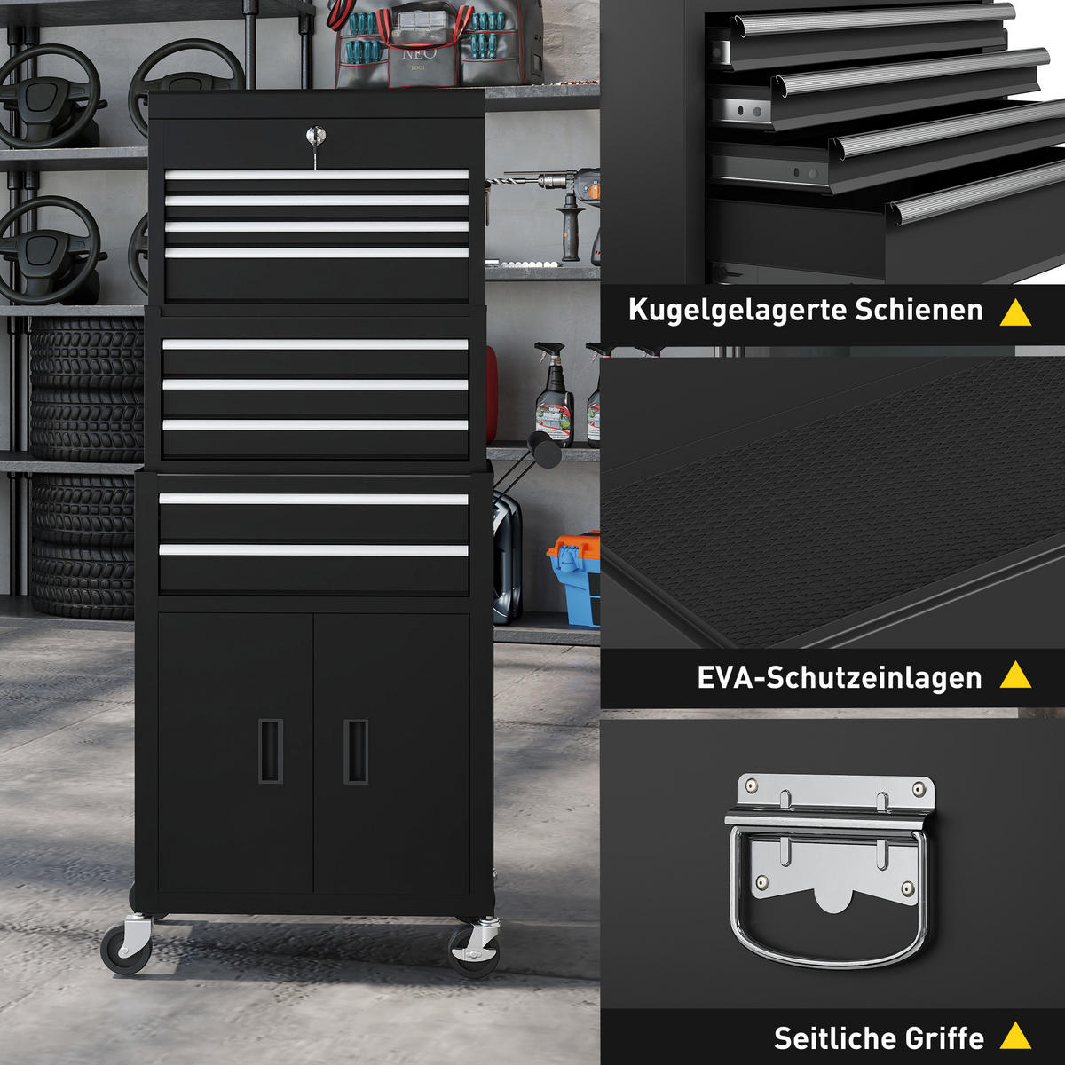 WERKZEUGKISTE 3-IN-1, rollender Werkzeugschrank mit 9 Schubladen, Stahl, Schwarz - Schwarz, Metall (33/133/69.5cm) - HOMCOM
