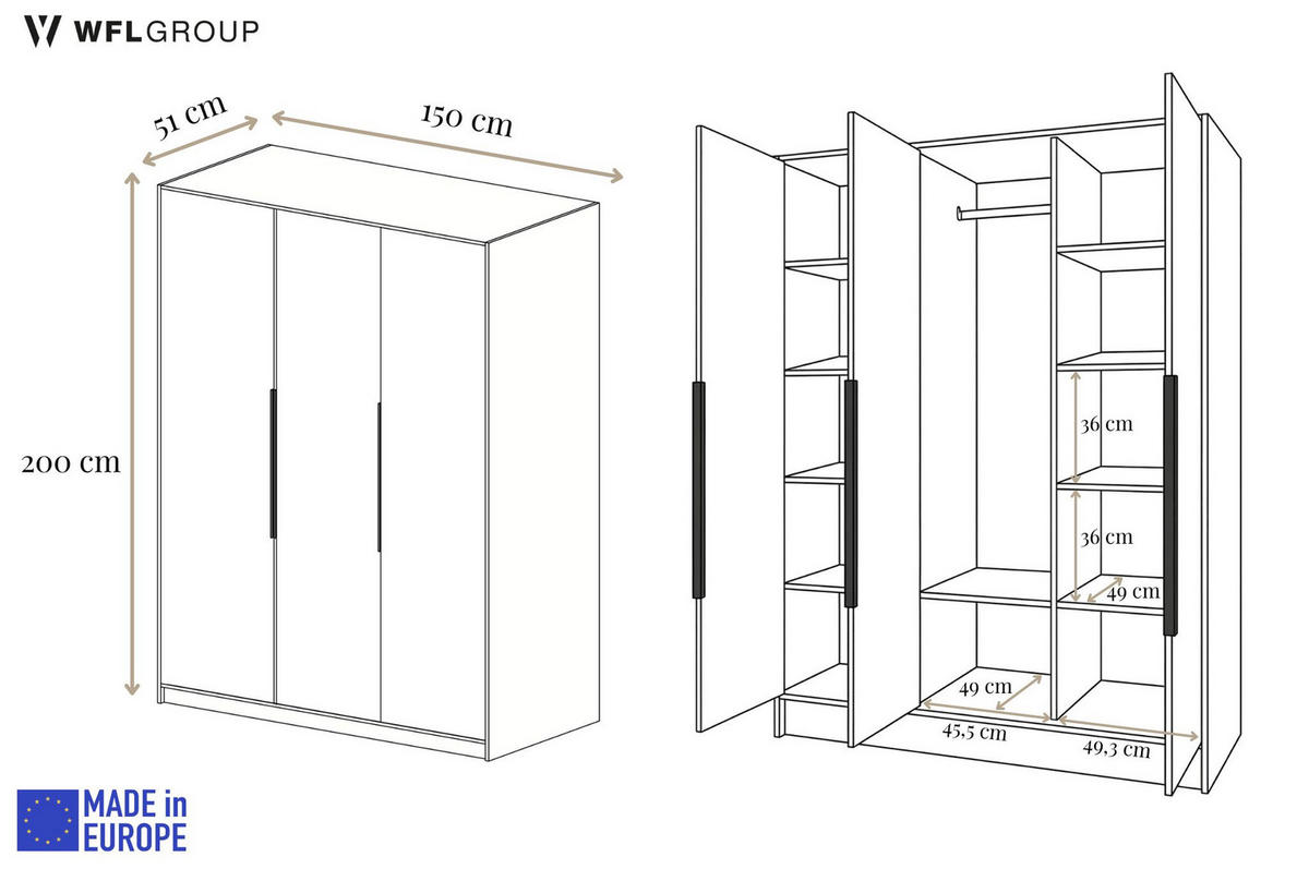 KLEIDERSCHRANK Mono Bis im Skandi-Stil, Drehtüren mit Schwarze Metallgriffe, Kaschmir 150/200/51 cm - Kaschmir, Holzwerkstoff (150/200/51cm) - WFL GROUP