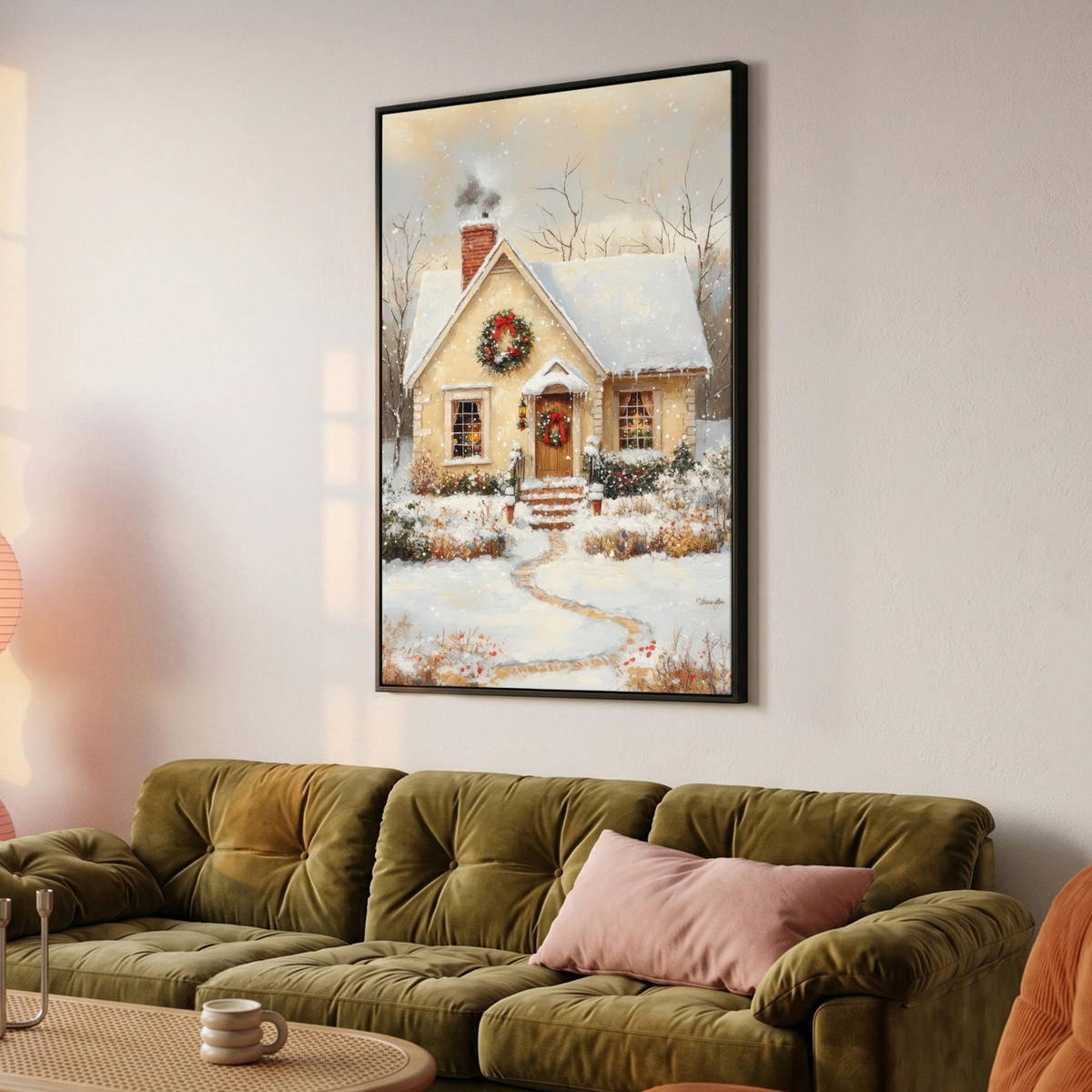 LEINWAND Bilder mit Rahmen - Weihnachten - Zuhause - Winter - Schnee - 90x140 - Creme, Textil (90/140cm) - MuchoWow