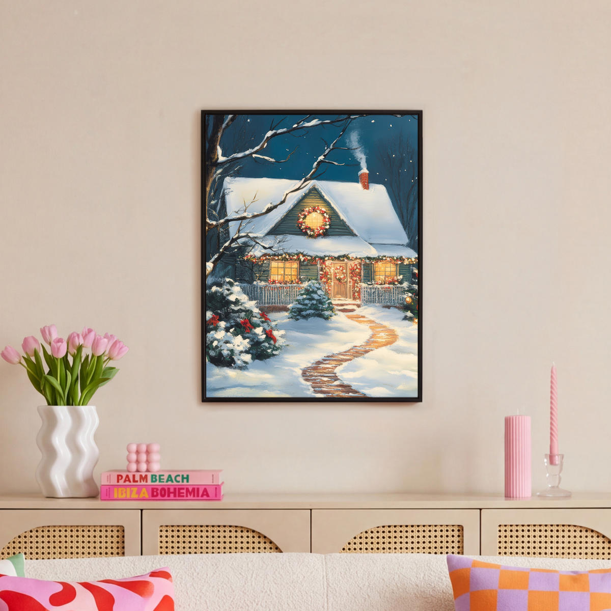 LEINWAND Bilder mit Rahmen - Weihnachten - Weihnachtsbaum - Winter - Zuhause - Schnee - 60x80 - Smaragdgrün, Textil (60/80cm) - MuchoWow