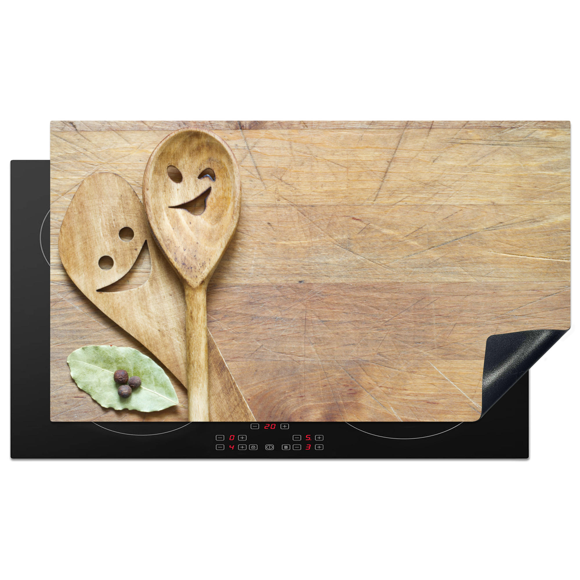 MuchoWow KRYT NA INDUKČNÍ DESKU Dřevo - Lžíce - Hnědá - Smiley 91.6x52.7 cm