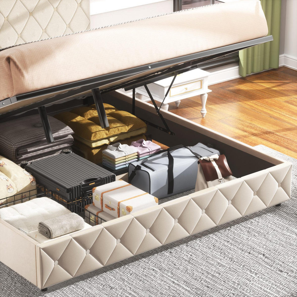 POLSTERBETT 180/200 cm Beige mit hydraulischem Stauraum aus Samt - Beige, Holzwerkstoff (180/200cm) - OKWISH