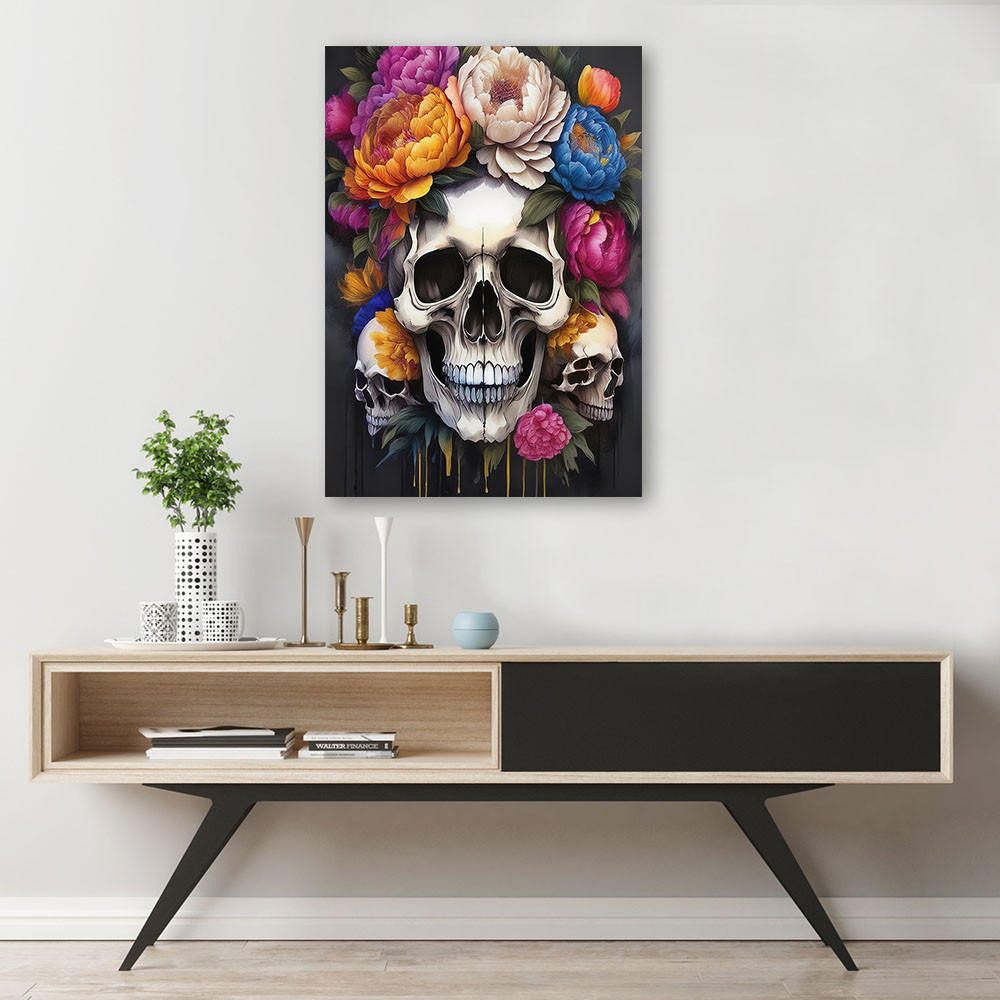 LEINWANDBILD Totenkopf Pfingstrosen Blumen bunt 40x60cm - Multicolor, Textil (40/60cm) - Feeby