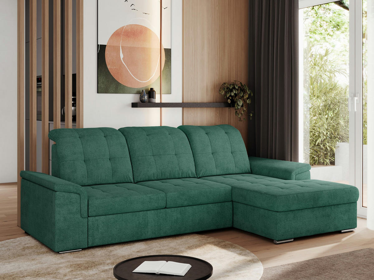 ECKSOFA MADRITO L - Grün Struktur - Rechts - Silberfarben/Grün, Textil/Metall (256/160cm)