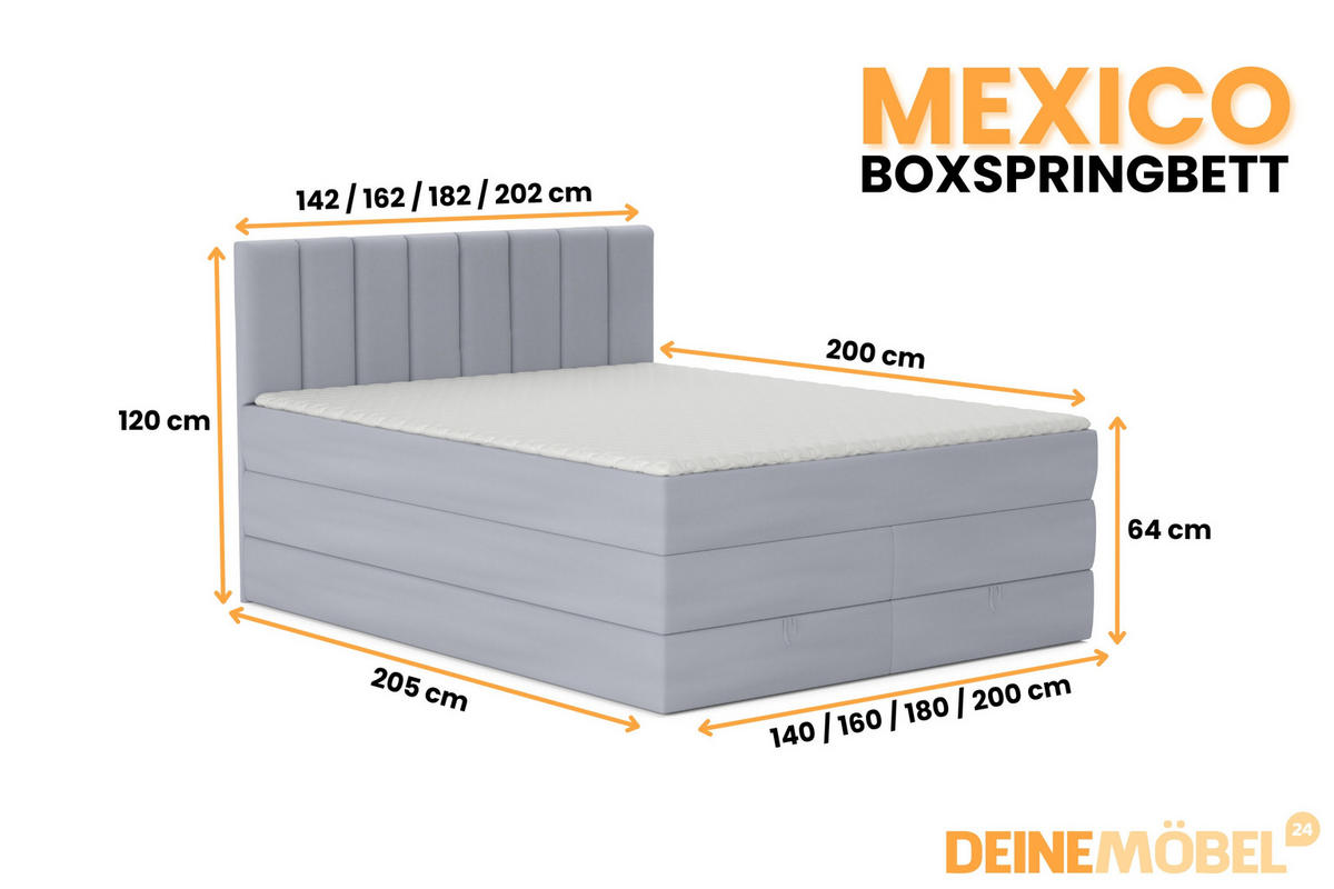 BOXBETT MEXICO 140/200 in Velours Hellgrau mit Doppelmatratze - Hellgrau, Holz/Holzwerkstoff (140/200cm) - Deine Möbel 24