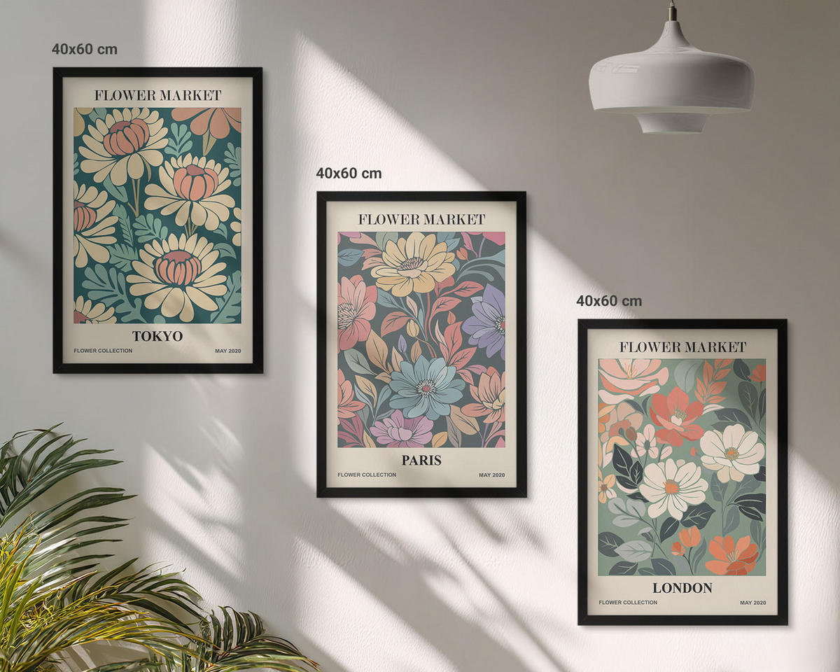 WANDBILDER 3er-Set - 40x60 cm Schwarzer Rahmen - Blumenposter Tokio Paris London - Schwarz, Kunststoff (40/60cm) - ArtPrintCave