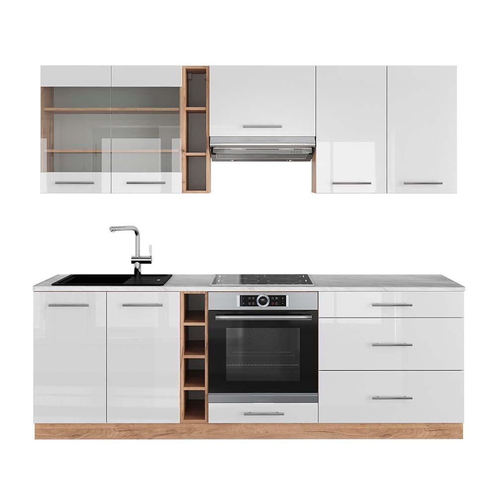 KUHINJSKA ENOTA Fame-Line Bela barva visokega sijaja/zlata barva hrasta power 235 cm , DP Marmor - bela/medeni hrast, leseni material (235/81.6/60cm) - Vicco