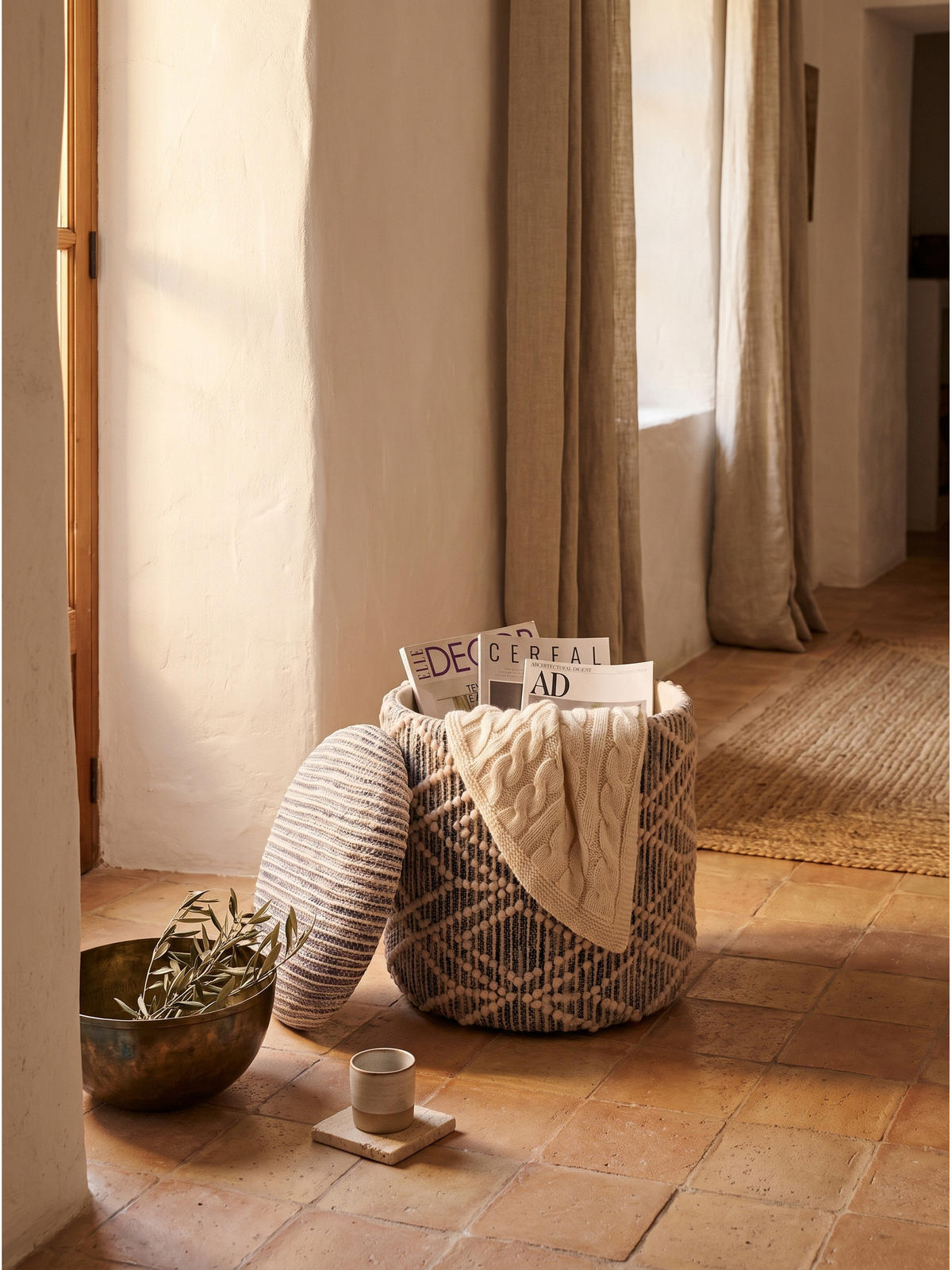 SITZHOCKER RHONE, Stoff, mit Textilbezug, Grau-Beige, Ø 40 x 45 cm - Grau, Textil (40/45/40cm) - KADIMA DESIGN