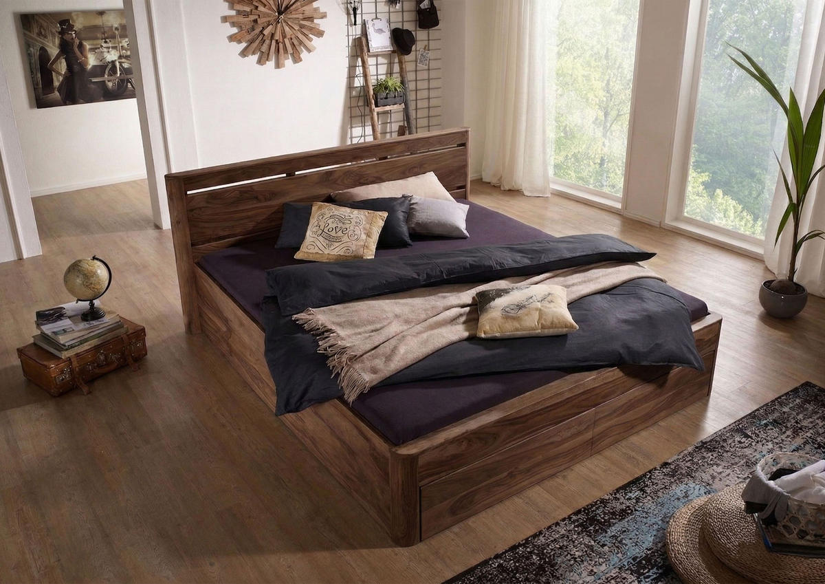 BETT Massivholz Akazie / Sheesham 200 x 200 x 90 dunkelbraun TORONTO #158 - Dunkelbraun, Holz (200/200cm) - Massivmoebel24