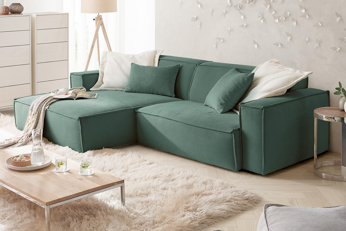 ECKSOFA SAMU Grün Cord - Schwarz/Grün, Textil (276/168cm) - KAWOLA