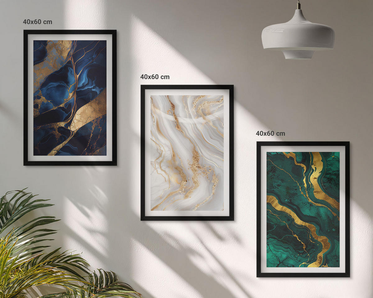 WANDBILDER 3er-Set - 40x60 cm Schwarzer Rahmen - Abstrakte blaugrüne Muster - Schwarz, Kunststoff (40/60cm) - ArtPrintCave