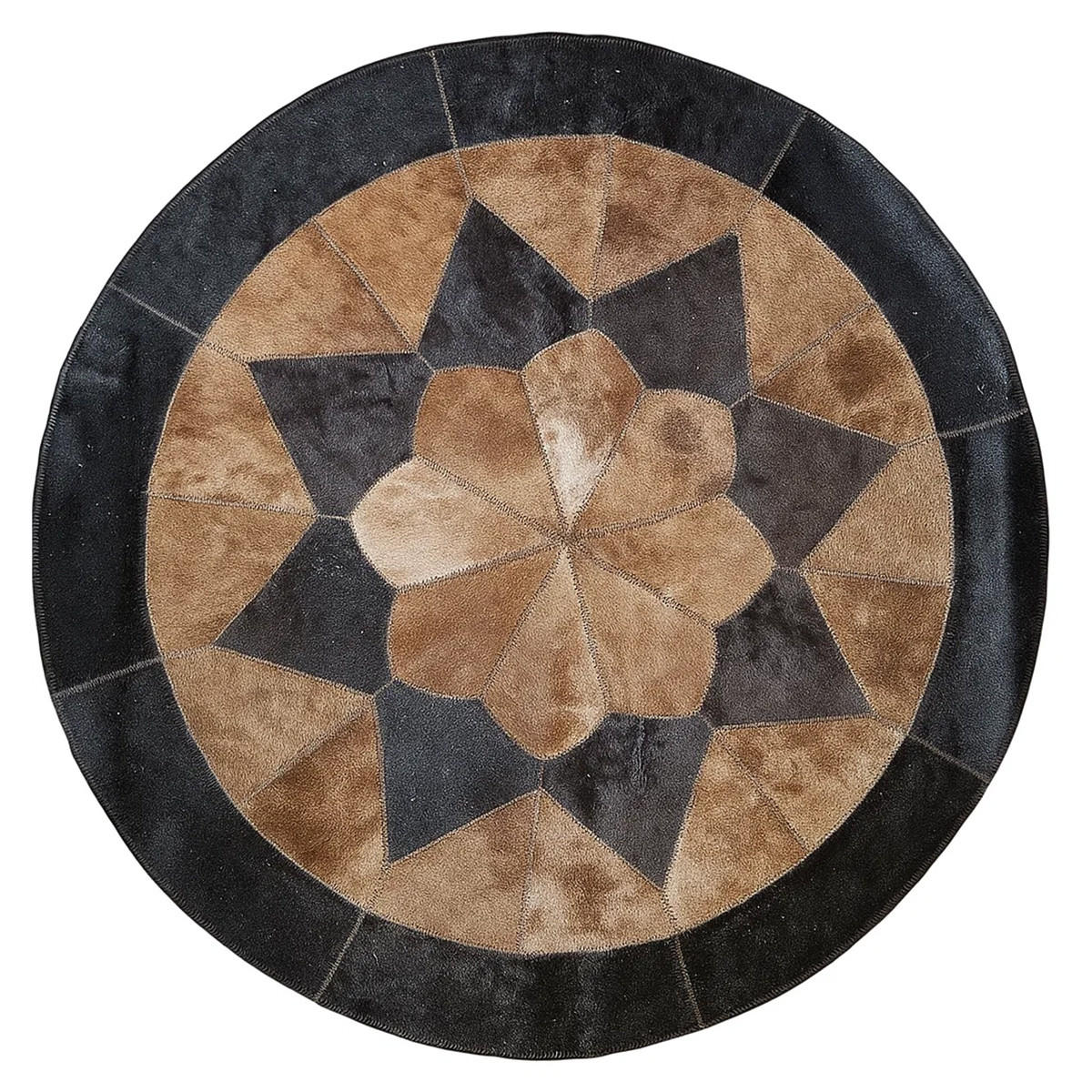 TEPPICH Patchwork Rund Kuhfell Floral 100/100 cm - Schwarz/Braun, Fell (100/100cm) - Provellus