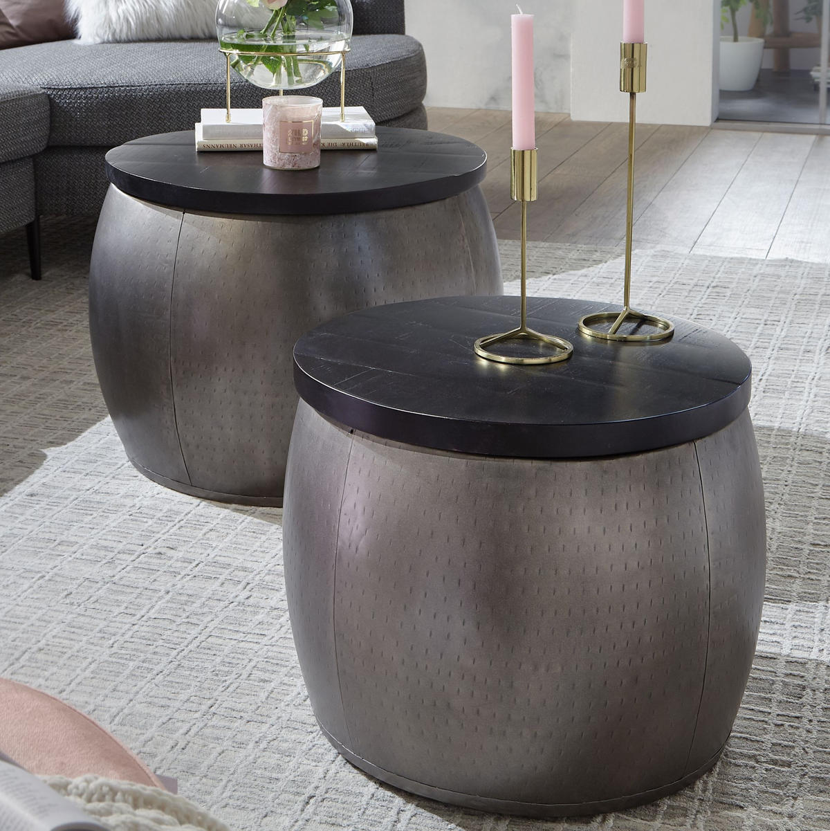 COUCHTISCH Set – 2-teilig Metall Holz rechteckig Industrial - Silberfarben, Holz/Metall (55/55/45cm) - KADIMA DESIGN