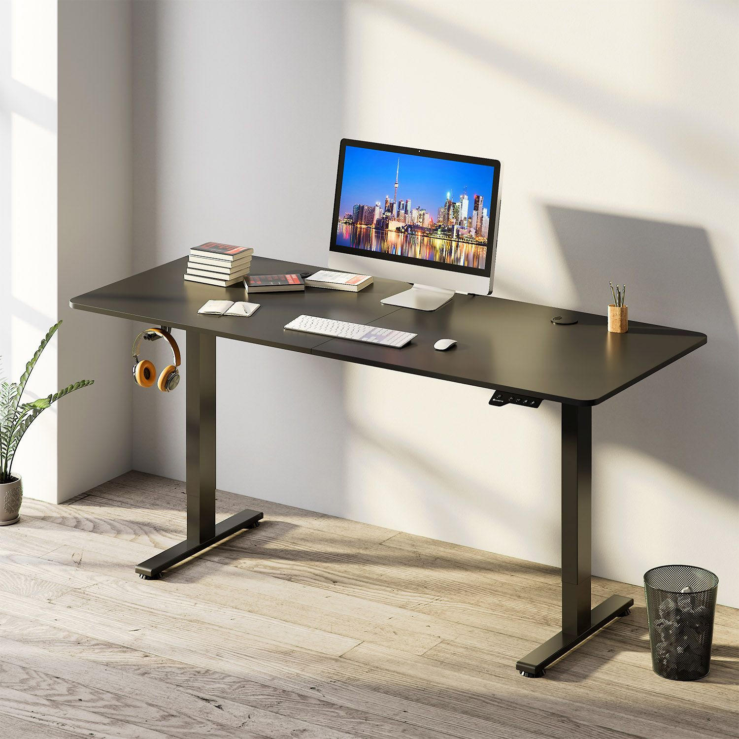 SCHREIBTISCH Office Stand schwarz 140x60 cm höhenverstellbar - Schwarz, Holz (60/140/117cm) - Juskys