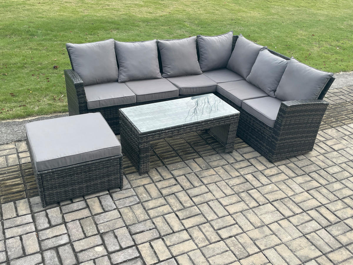 GARTENSOFA SET Hohe Rückenlehne Polyrattan Dunkelgrauer Mix 7-Sitzer - Dunkelgrau/Grau, Glas/Kunststoff - Fimous