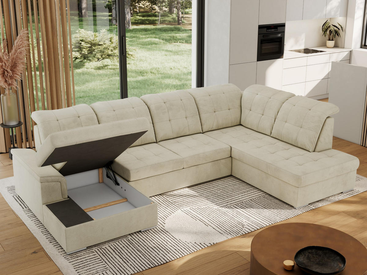 WOHNLANDSCHAFT MADRITO U - Beige Velorus - Rechts - Beige/Silberfarben, Textil/Metall (323/89/204cm) - MKS