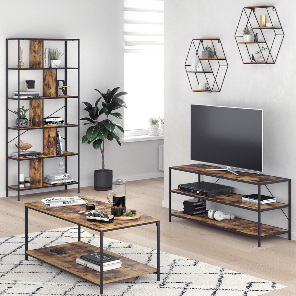 WANDREGAL Fyrk Antikholz 51 x 52 cm Eckform - Alteiche/Schwarz, Holzwerkstoff (51/52/11cm) - Vicco