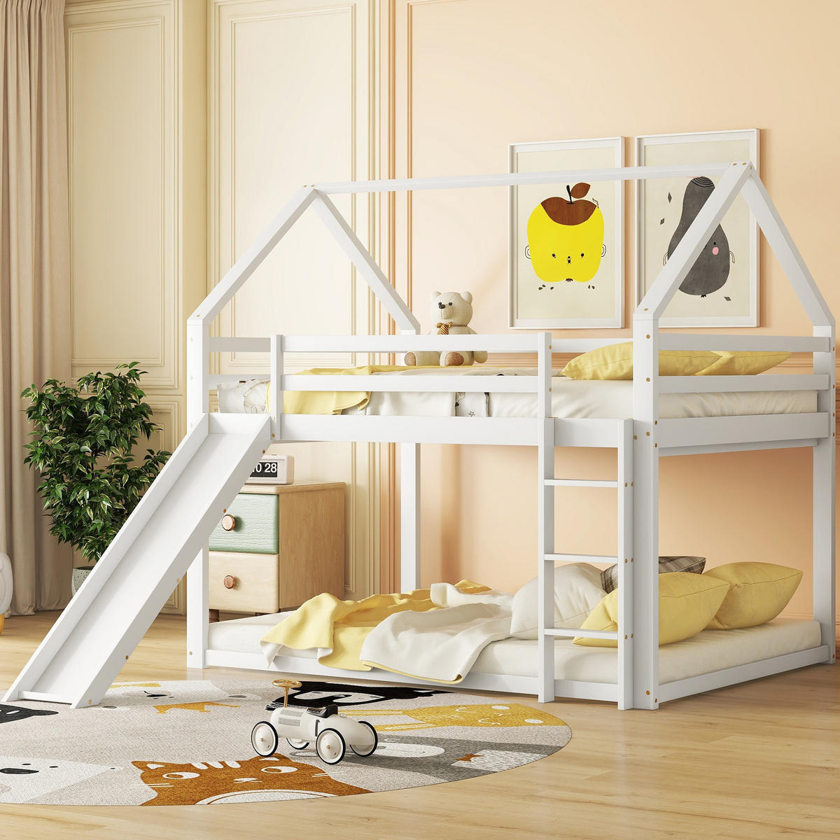 NADSTROPNA postelja 140/200 cm bela s toboganom in lestvijo iz bora in MDF v obliki hiše - bela, les (140/200cm) - OKWISH