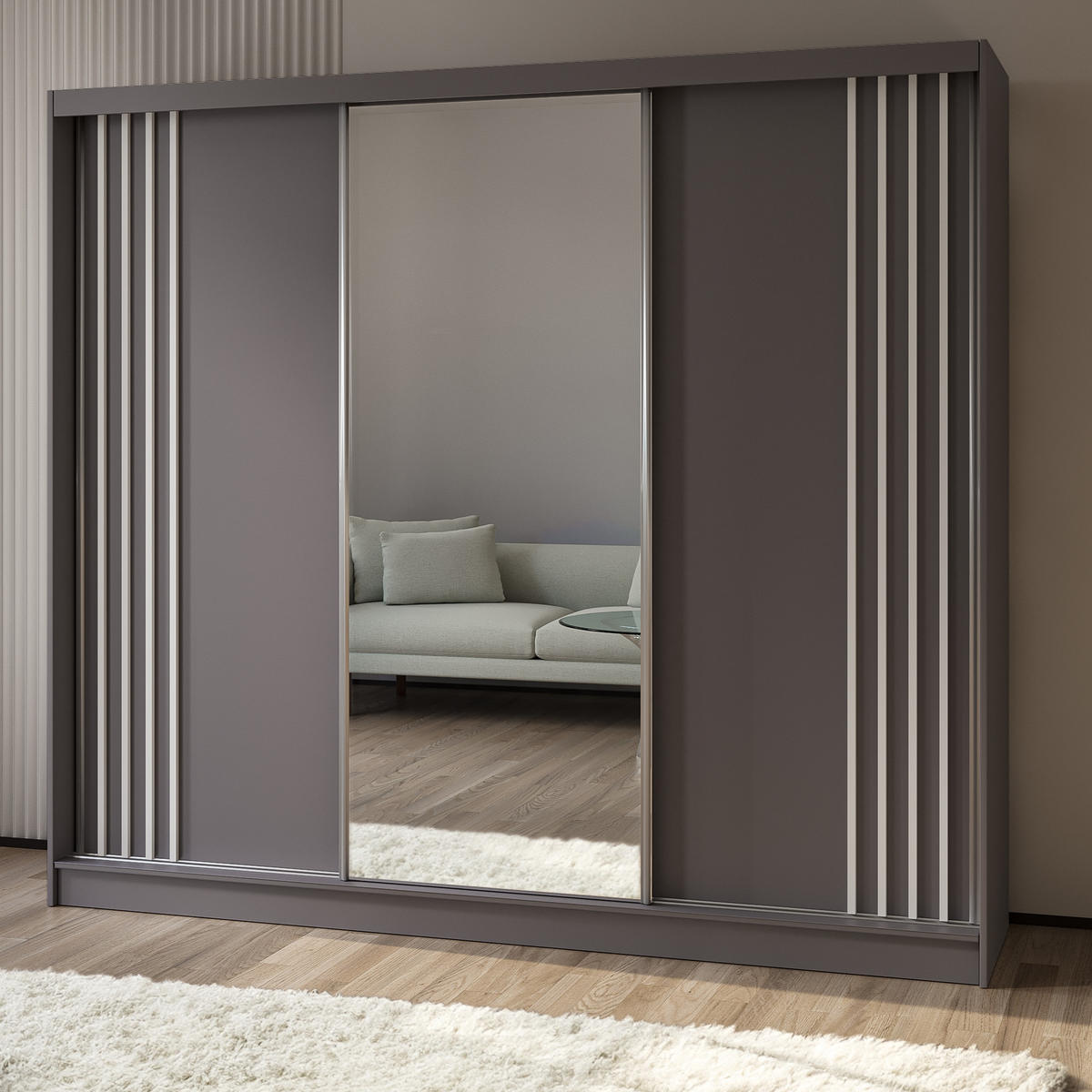 SCHWEBETÜRENSCHRANK NELVIA 240/216/61 cm 3-türig mit Spiegel Grau - Grau, Holzwerkstoff (240/216/61cm) - MASSENO