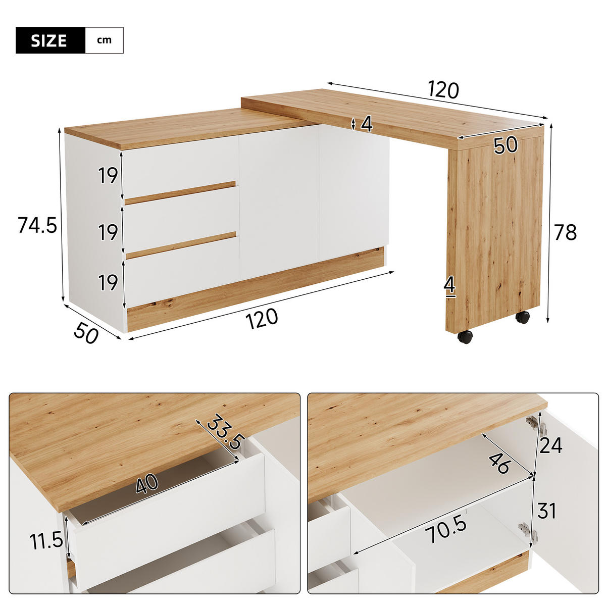 SCHREIBTISCH Klappbar mit Rollen Drehbar Weiß Eiche Modern - Multicolor, Holzwerkstoff (50/120/78cm) - FLIEKS
