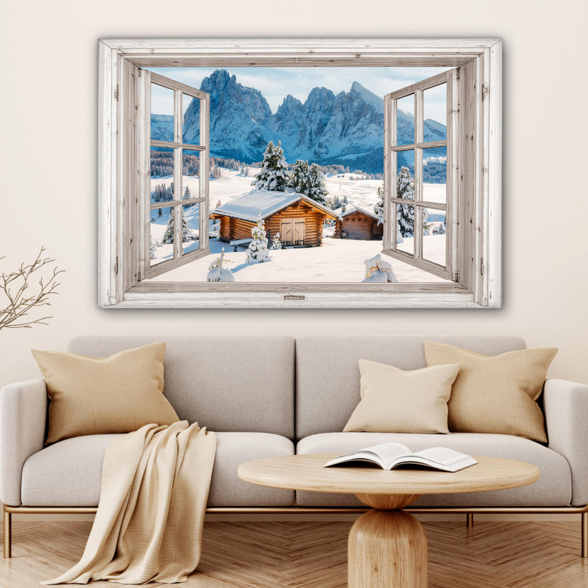 LEINWANDBILD Winterlandschaft - Hütte - Berge - Ausblicke - Aussicht - Natur Wohnzimmer Groß 120x80 cm - Weiß Hochglanz, Textil (120/80cm) - MuchoWow