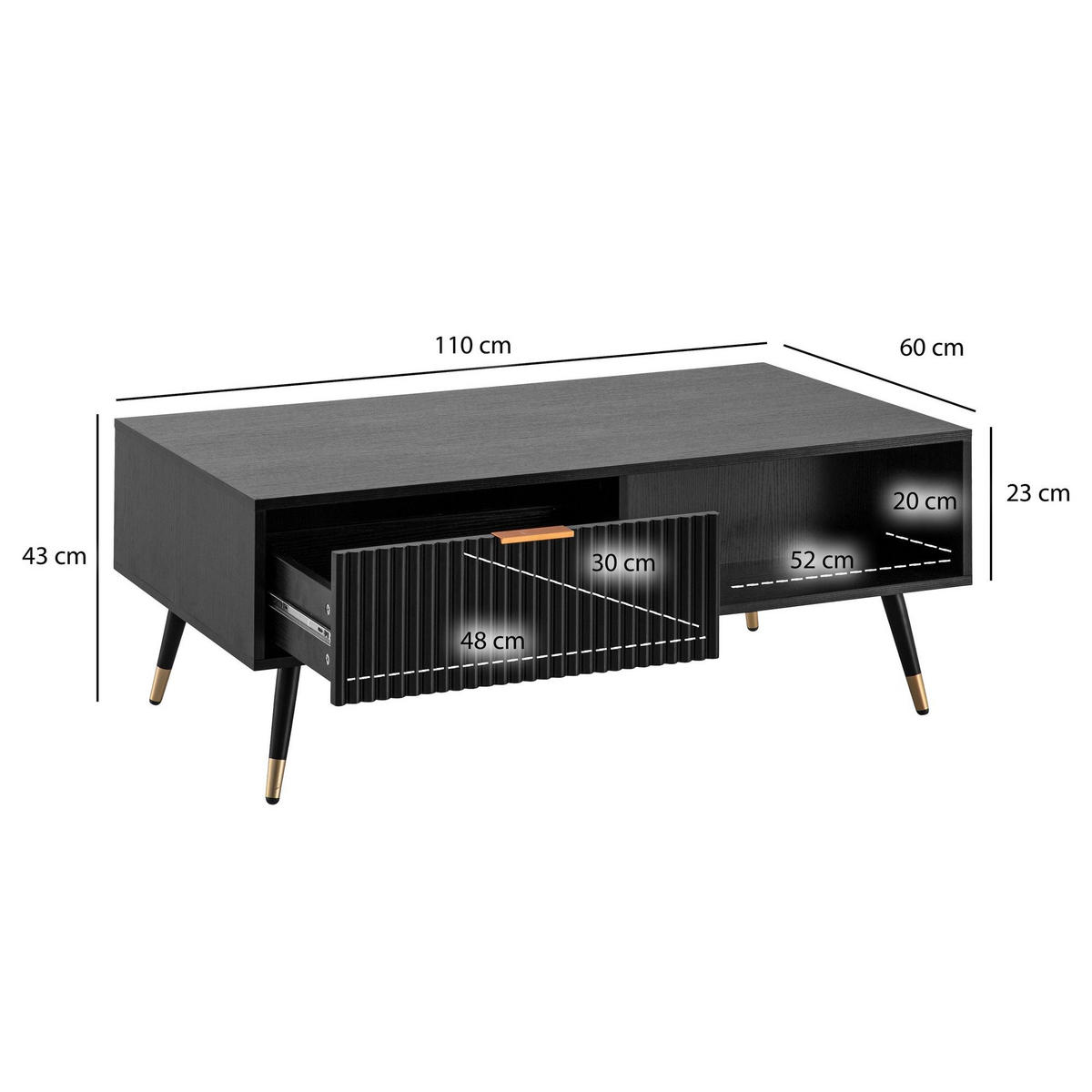 COUCHTISCH Schwarz Eiche-Dekor mit Stauraum 110x60x43 cm Metallbeine - Goldfarben/Schwarz, Holzwerkstoff/Metall (60/110/43cm) - KADIMA DESIGN