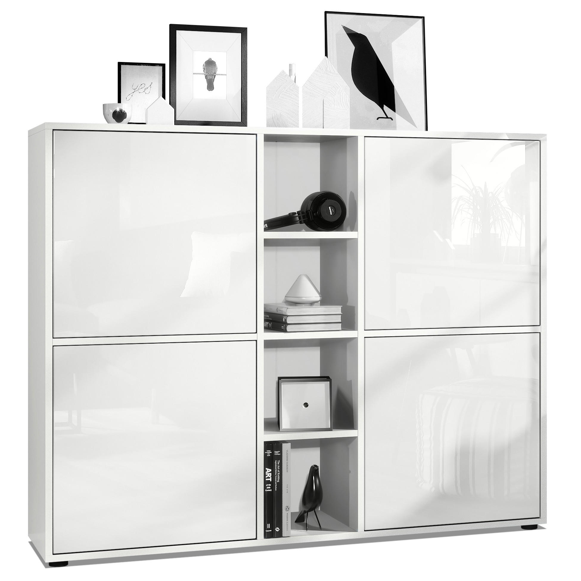 Vladon Highboard Weiß Hochglanz 130.5x105.5x35.5 cm