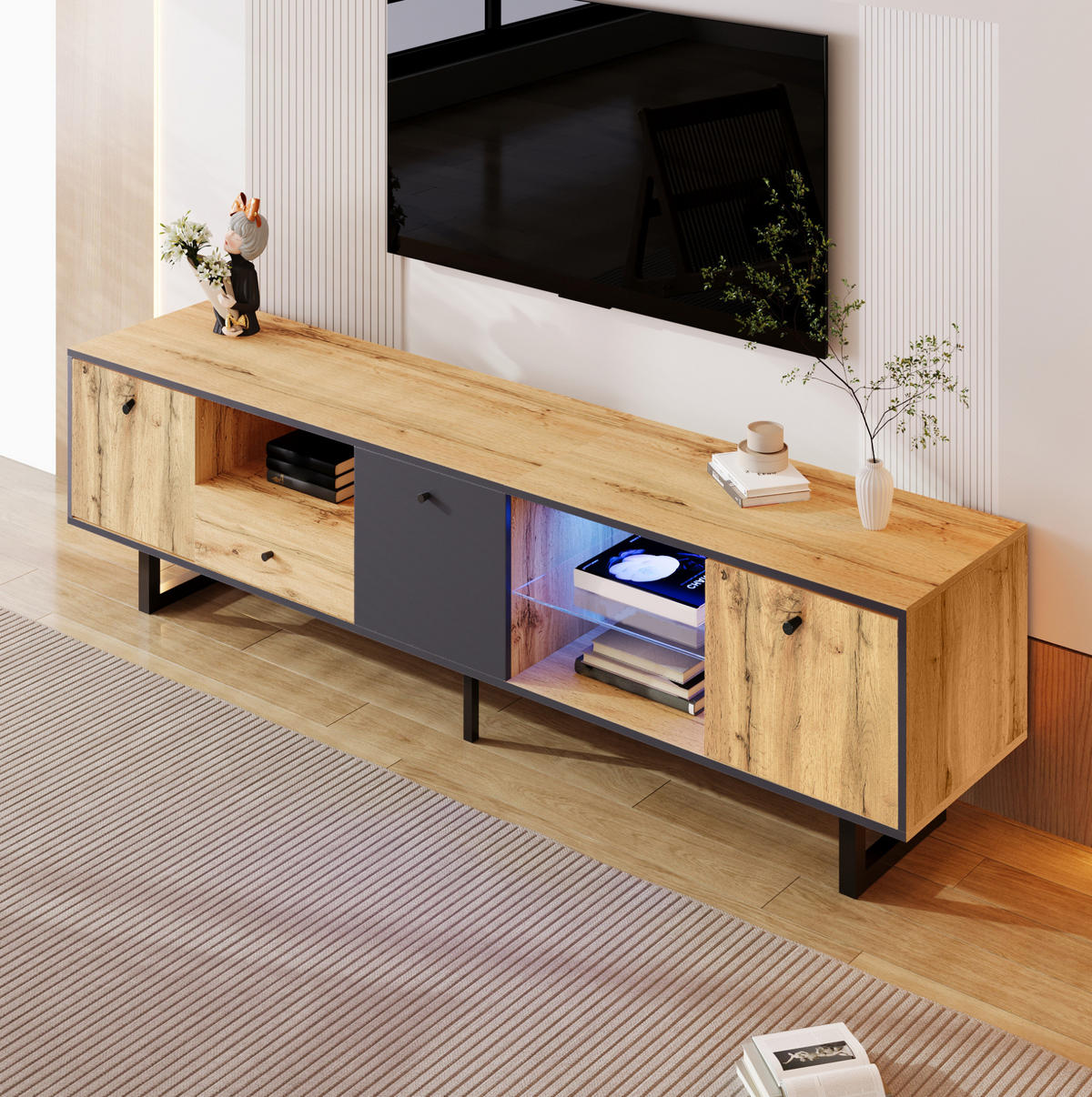 LOWBOARD 190/40/50 cm in Holzfarben/Anthrazit aus Spanplatte mit LED-Beleuchtung - Naturfarben, Holzwerkstoff (40/50/190cm) - OKMYHOME