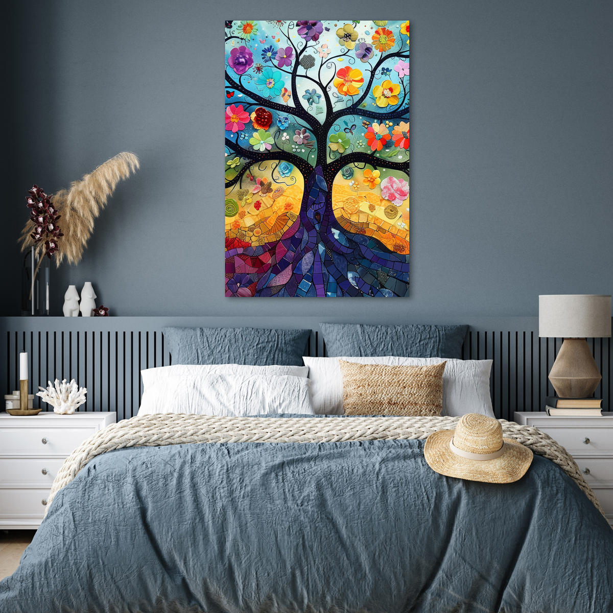 POSTER Kunst - Baum des Lebens - Blumen - Hippie 80x120 cm - Dunkelblau, Papier (80/120/0.1cm) - MuchoWow