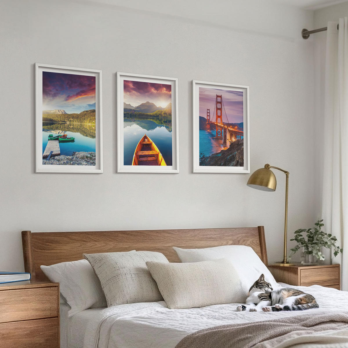BILDER SET 3er Set - 40x60 cm Weißer Rahmen - Bergblick auf den See und die Brücken - Weiß, Kunststoff (40/60cm) - TULUP