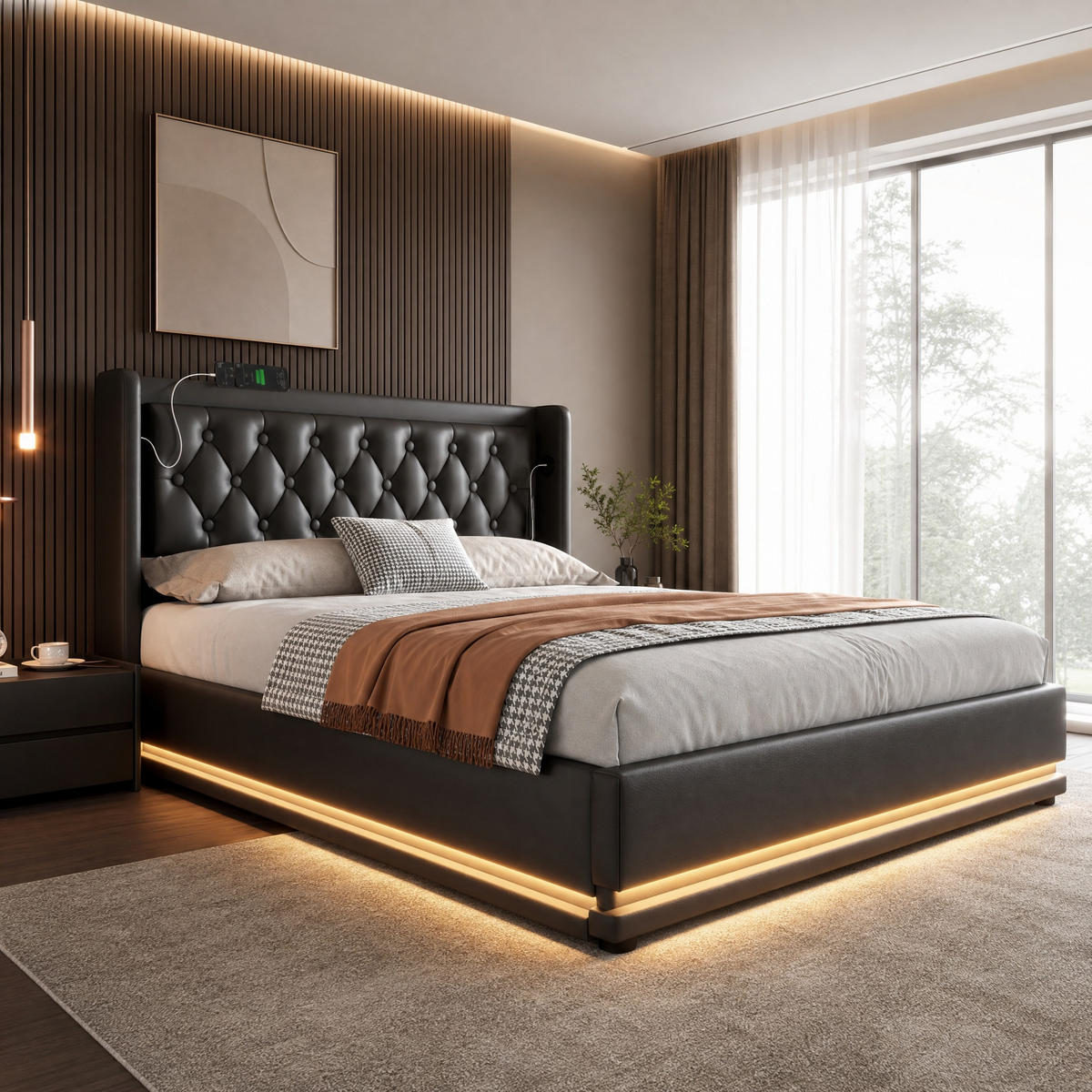 POLSTERBETT 140/200 cm in Schwarz mit Bettkasten, LED und USB/Type-C - Schwarz, Holzwerkstoff/Textil (140/200cm) - STILVORA