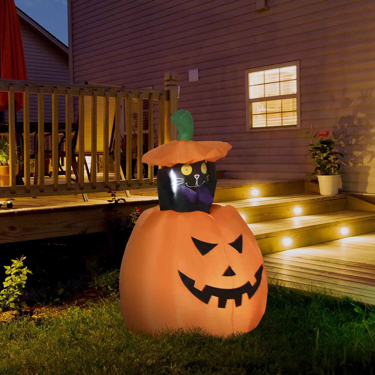 115 cm Halloween Deko Aufblasbar Kürbisgeist mit beweglicher Katze mit LED - Orange, Kunststoff (64/115/76cm) - Outsunny