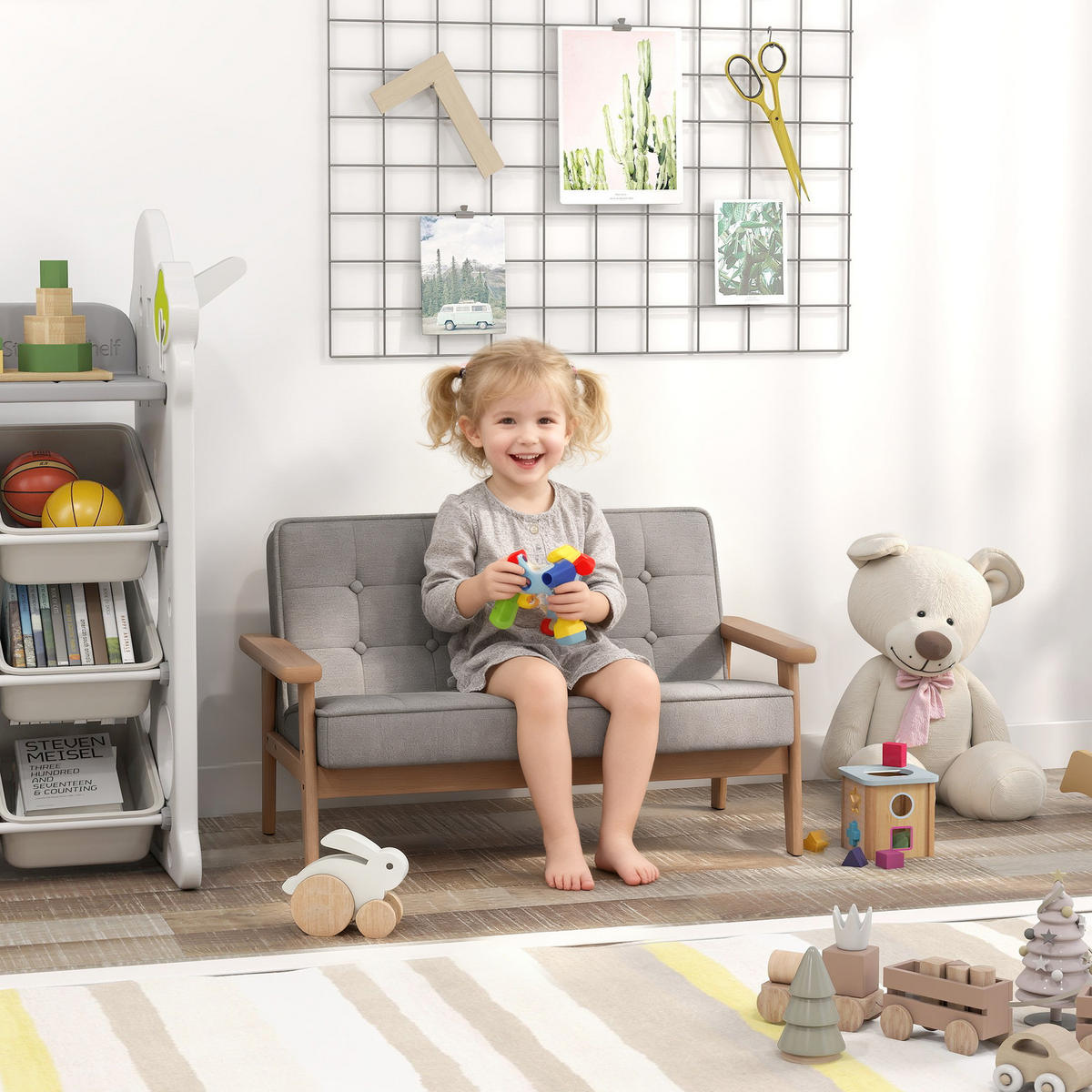 KINDERSESSEL, Kindersofa mit Holzrahmen, Samtoptik, gepolsterter Kinderstuhl - Naturfarben/Grau, Holz/Textil (42/48/77cm) - AIYAPLAY