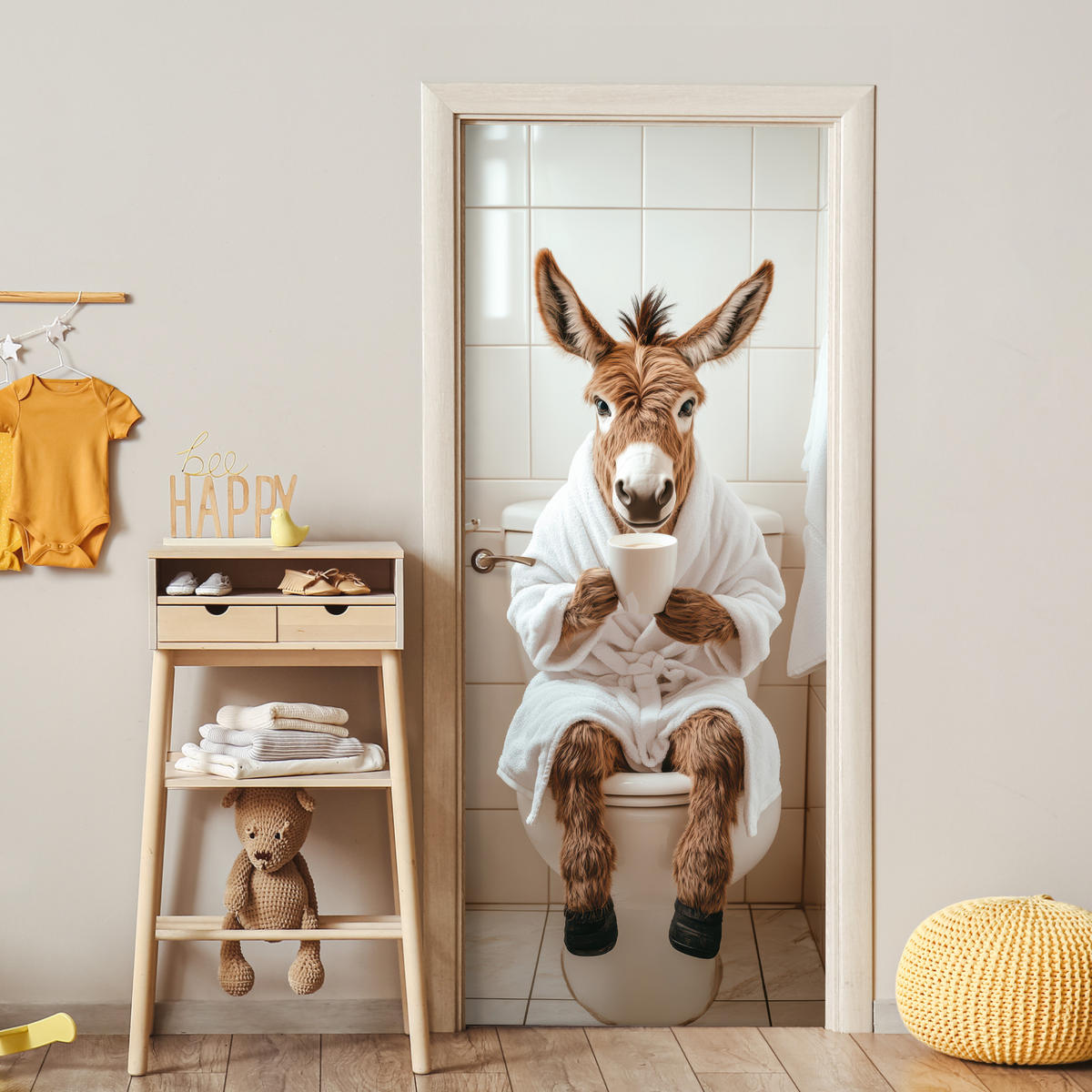 FOTOTAPETE Tür - Esel - WC - Lustig - Bademantel - Tier 75x205 cm - Beige, Kunststoff (75/0.1cm) - MuchoWow